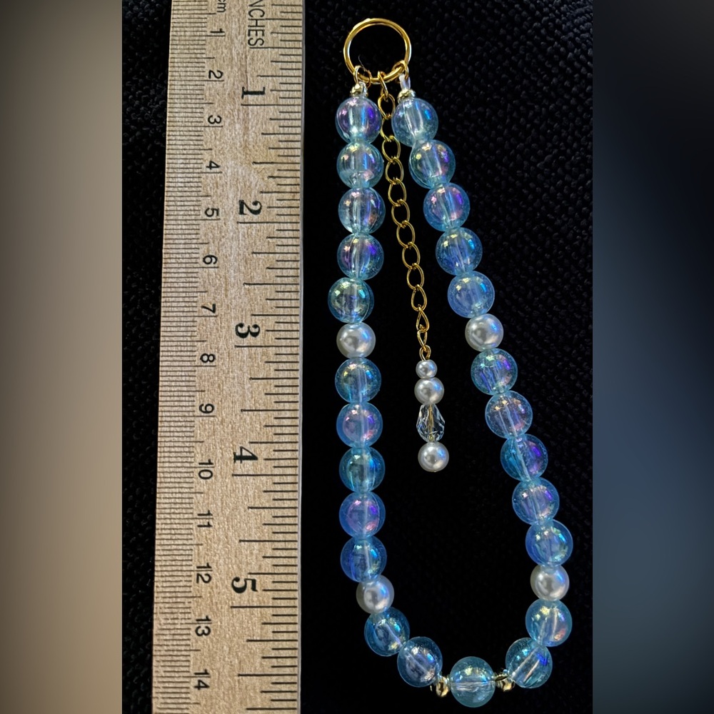 Iridescent Blue and Gold Bag Charm/Keychain with Pearl Accents